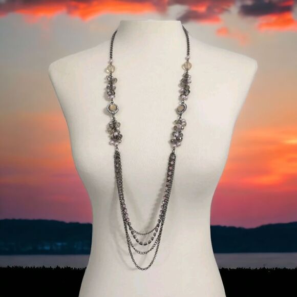 Bohemian Multi Strand Necklace Rhinestones Beaded Gunmetal Simply Vera Wang - Picture 15 of 16